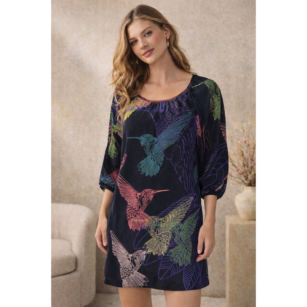 Tibi New York Silk Hummingbird Print Shift Dress Black Multi Size‎ 2 J2